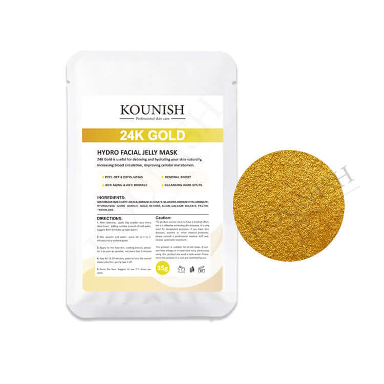 Kounish 24K Gold Hydrogel Jelly Mask Powder, 35g, enhancing skin moisture and glow with gold extracts.