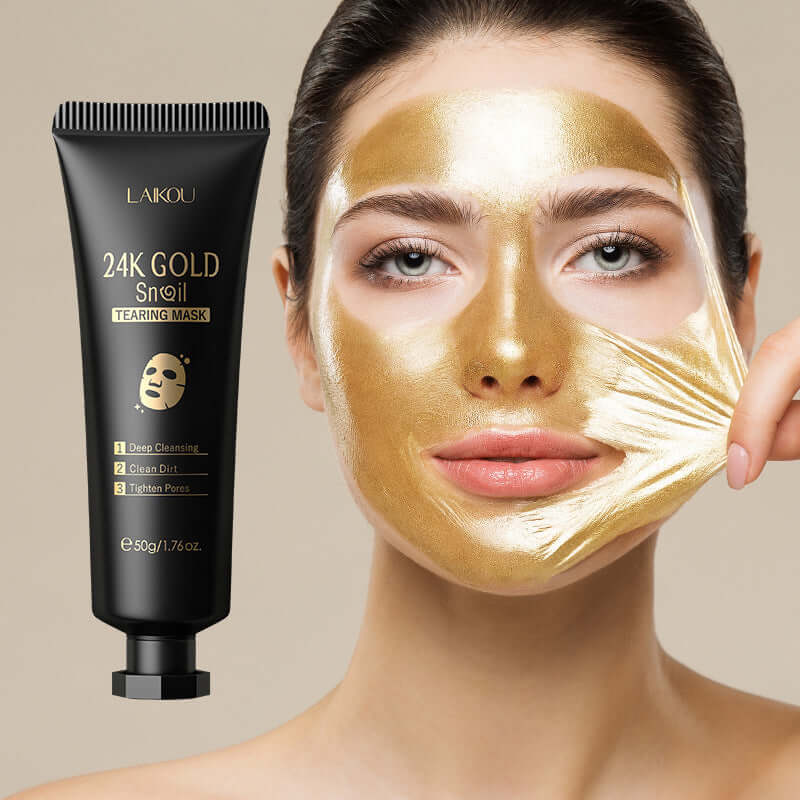 Model applying 24k Gold Snail Tear-Off Mask, promoting hydration and deep cleansing benefits.