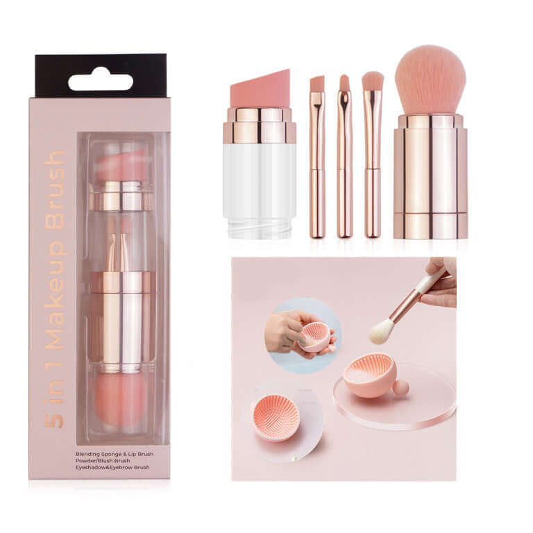 5-in-1 multifunctional makeup brush set with blending sponge, 4 brushes, and a cleaning bowl in chic packaging.