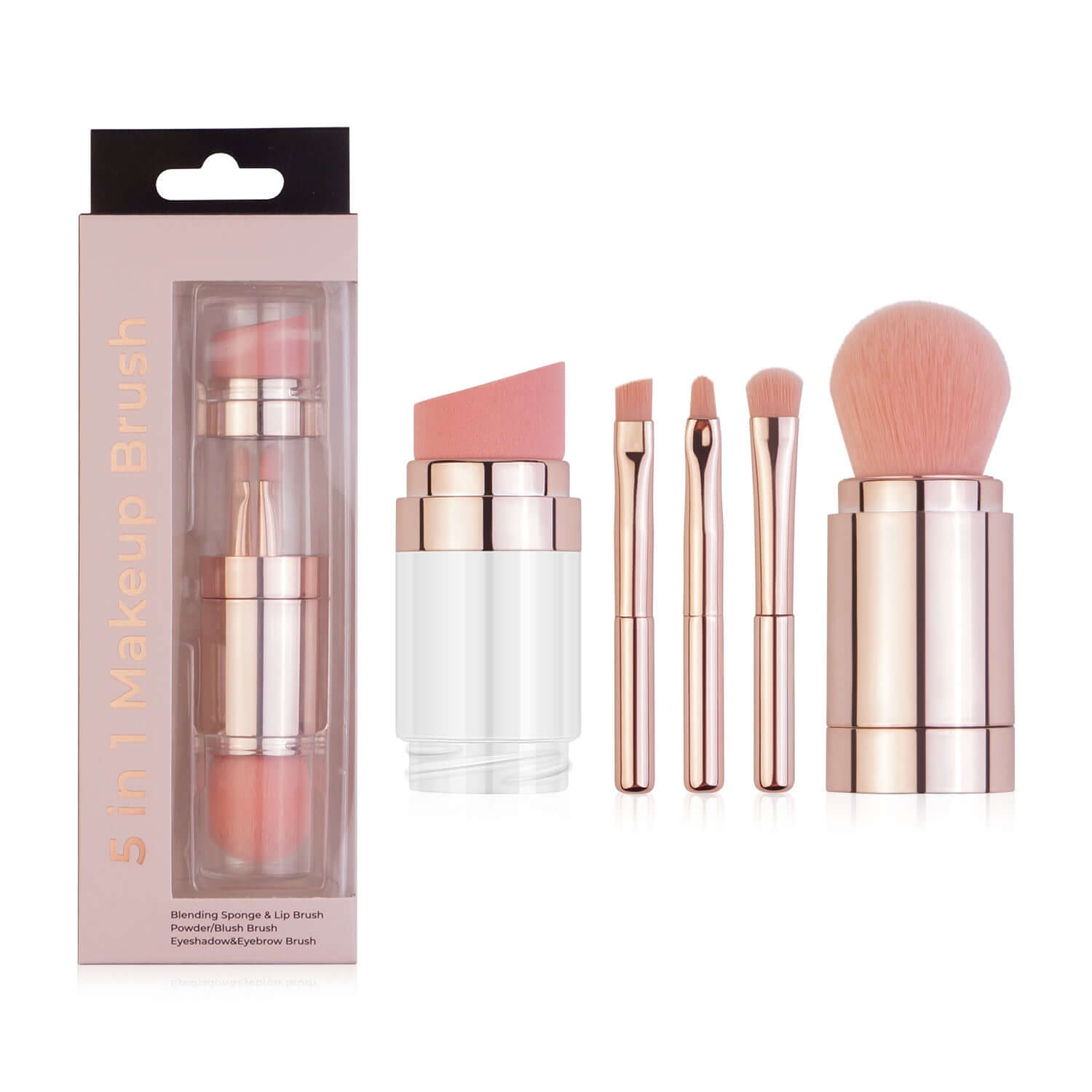 5-in-1 multifunctional makeup brush set with blending sponge, lip brush, and eyeshadow brushes, packaged attractively.