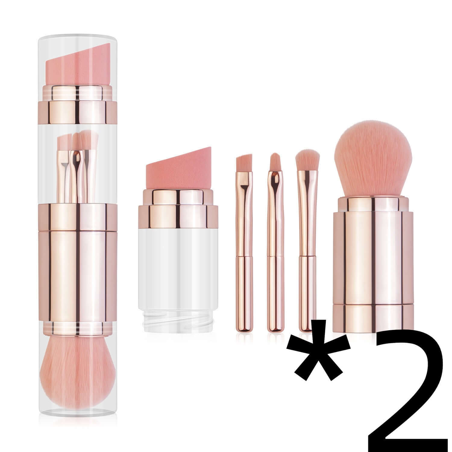 5-in-1 multifunctional makeup brushes set in elegant rose gold design, including foundation, eyeshadow, and powder brushes.