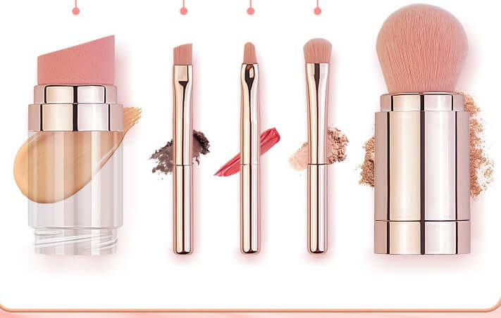 5-in-1 makeup brushes with foundation, eyeshadow, lip brush, and powder puff displayed with makeup products.