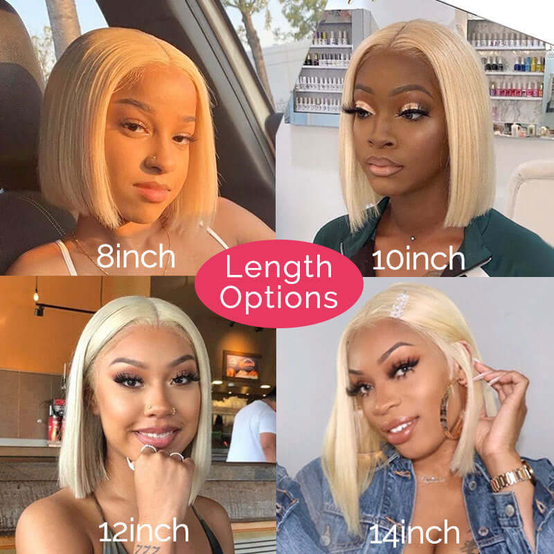 Four women showcasing 8, 10, 12, and 14-inch blonde bob wigs, highlighting length options for stylish looks.