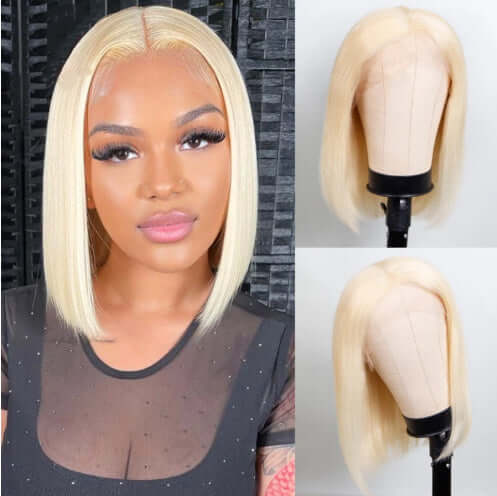 613 blonde bob wig on mannequin and model showcasing short straight human hair hairstyle.