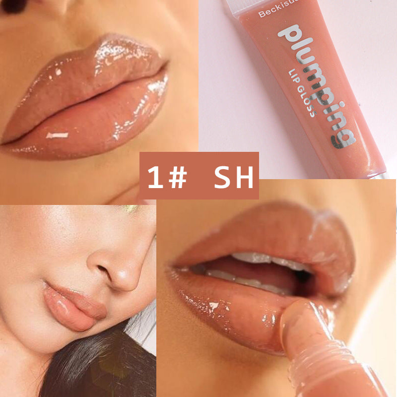 Plumping lip gloss with vitamin E in warm nude, glossy finish, showcasing application and shine on lips.