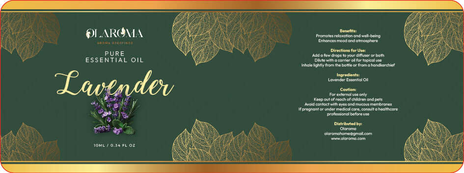 Label for 10ml Lavender Essential Oil, featuring benefits, directions, and cautions.