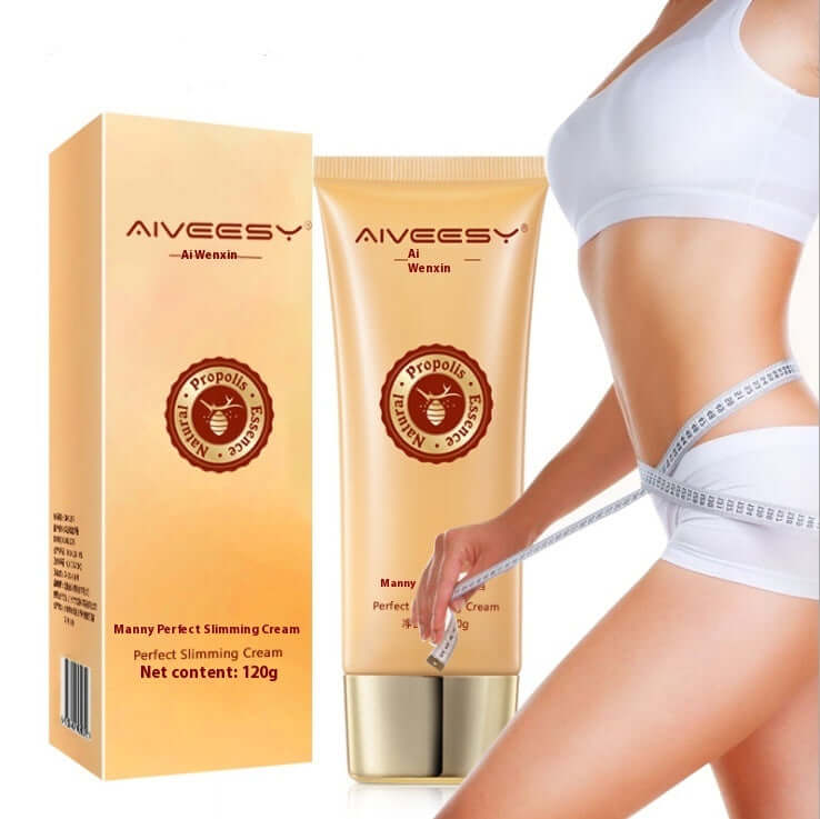 AIVEEASY Perfect Slimming Cream for body contouring and fat burning, with measuring tape around waist, 120g packaging.