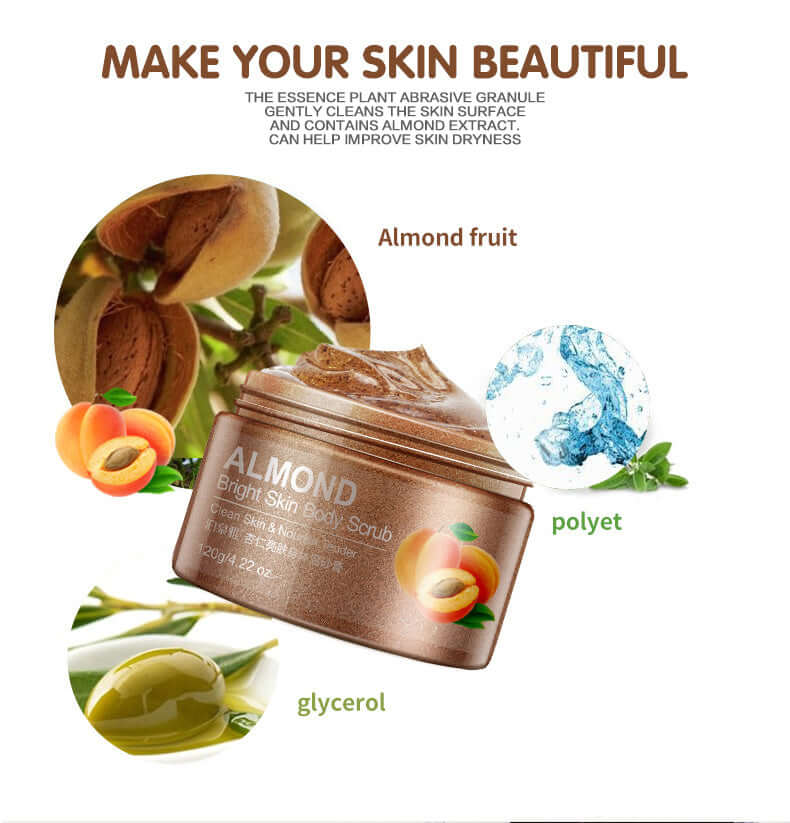 Almond Bright Skin Body Scrub with almond fruit, glycerol, and polyet for beautiful moisturized skin.