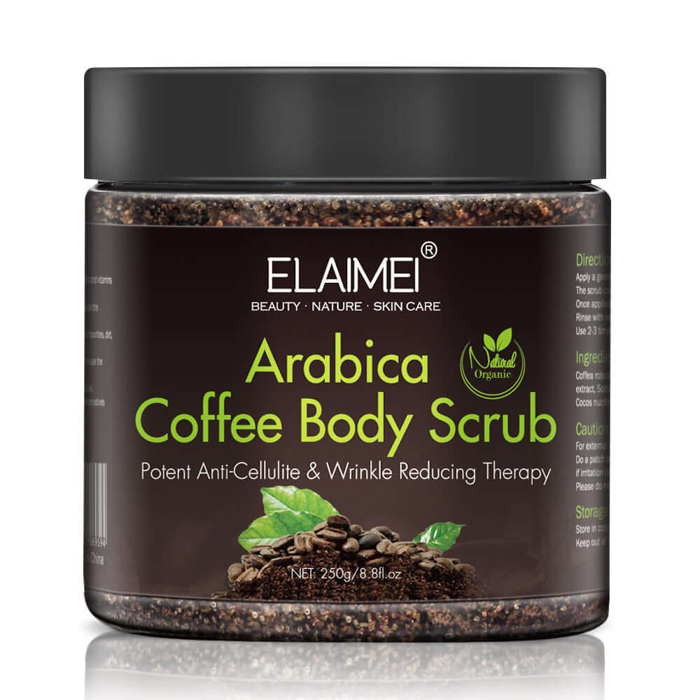 Arabica coffee body scrub jar promoting anti-cellulite and wrinkle reducing therapy in a beautiful organic packaging.