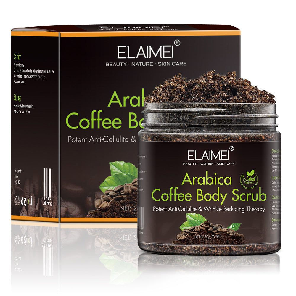 Arabica coffee body scrub jar with anti-cellulite benefits, alongside its packaging for skincare routine.