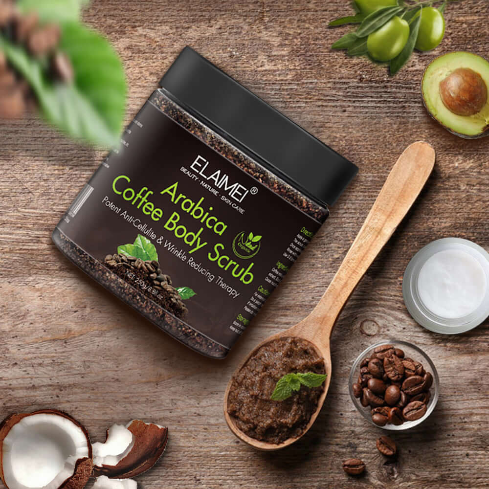 ELAME Arabica Coffee Body Scrub on wooden surface with coffee beans and coconut, ideal for exfoliating and deep cleansing.