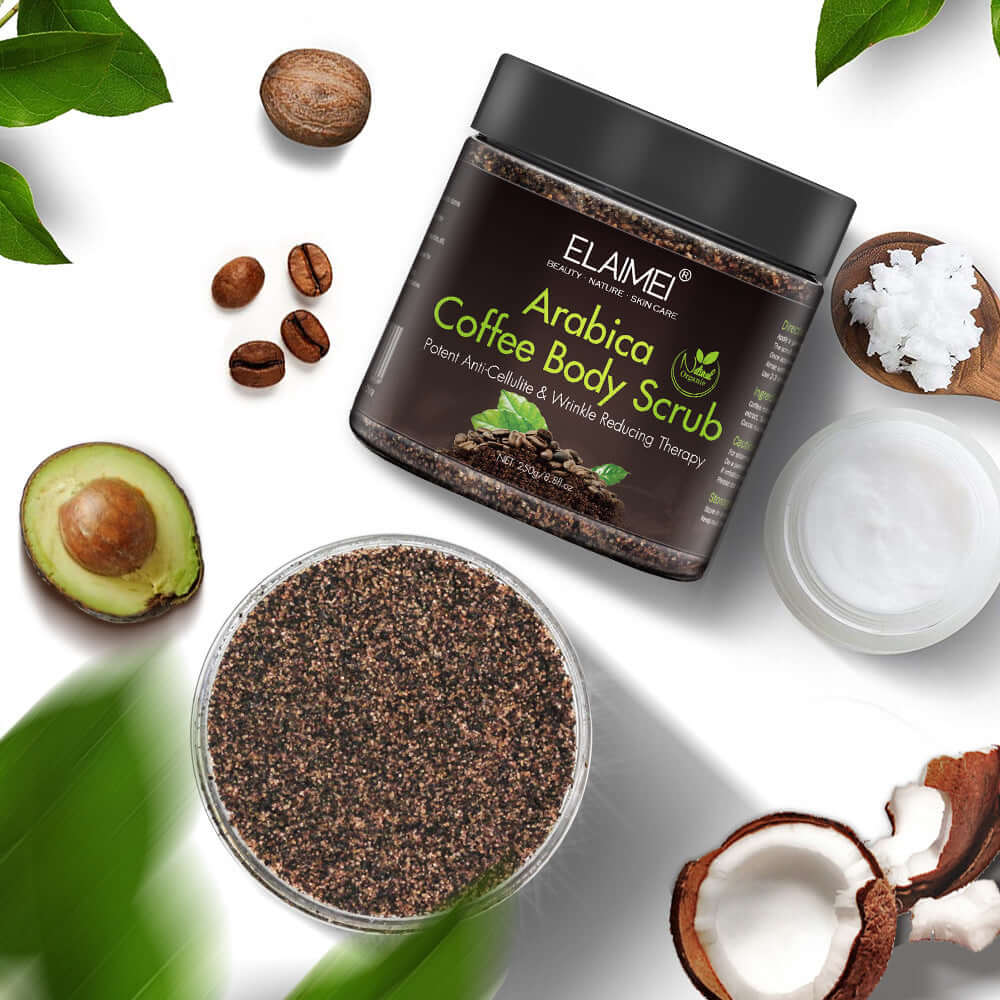 Arabica coffee body scrub in a jar with natural ingredients for skin exfoliation and deep cleansing, suitable for all skin types.