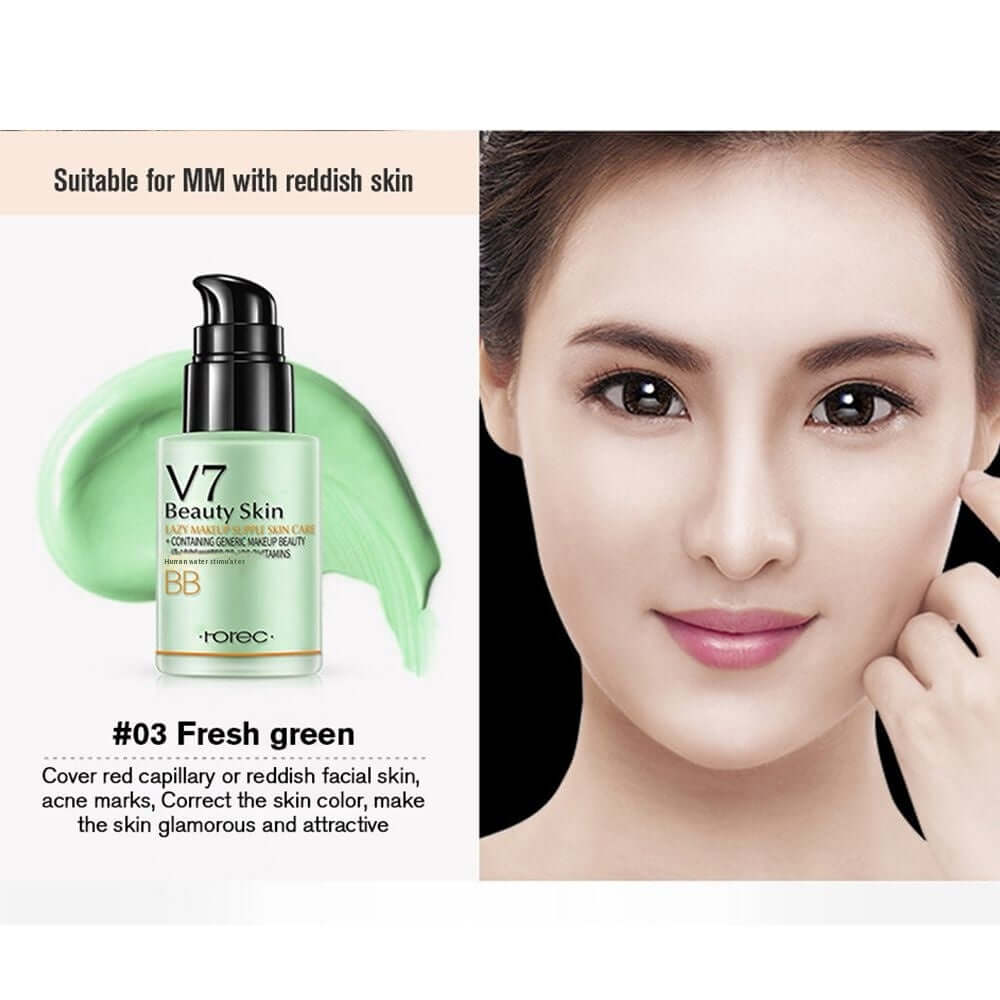V7 Beauty Skin BB cream in fresh green, designed for correcting reddish skin tones and enhancing natural beauty.