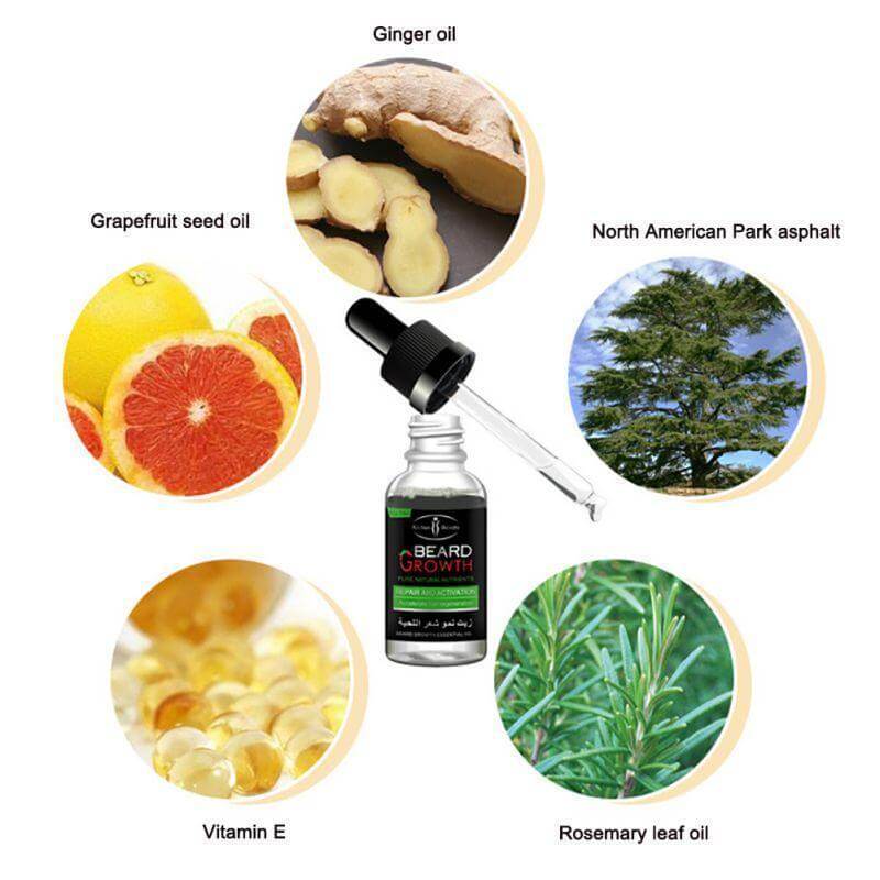 Beard essential oils ingredients: ginger oil, grapefruit seed oil, vitamin E, rosemary leaf oil for nourishing beard care.
