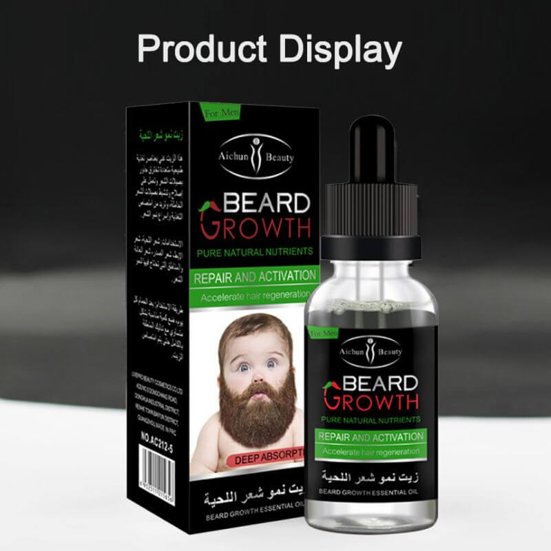 Beard growth essential oil bottle with box, promoting natural nutrients for beard repair and activation.