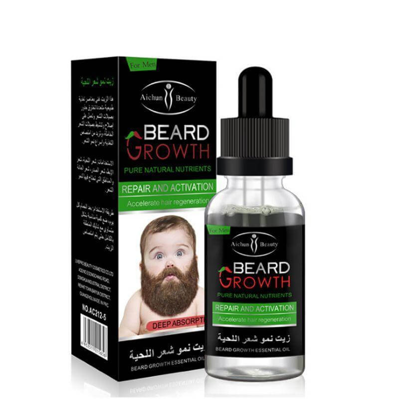 Beard Growth Essential Oil for nourishing and repairing beard, features dropper bottle and packaging design.