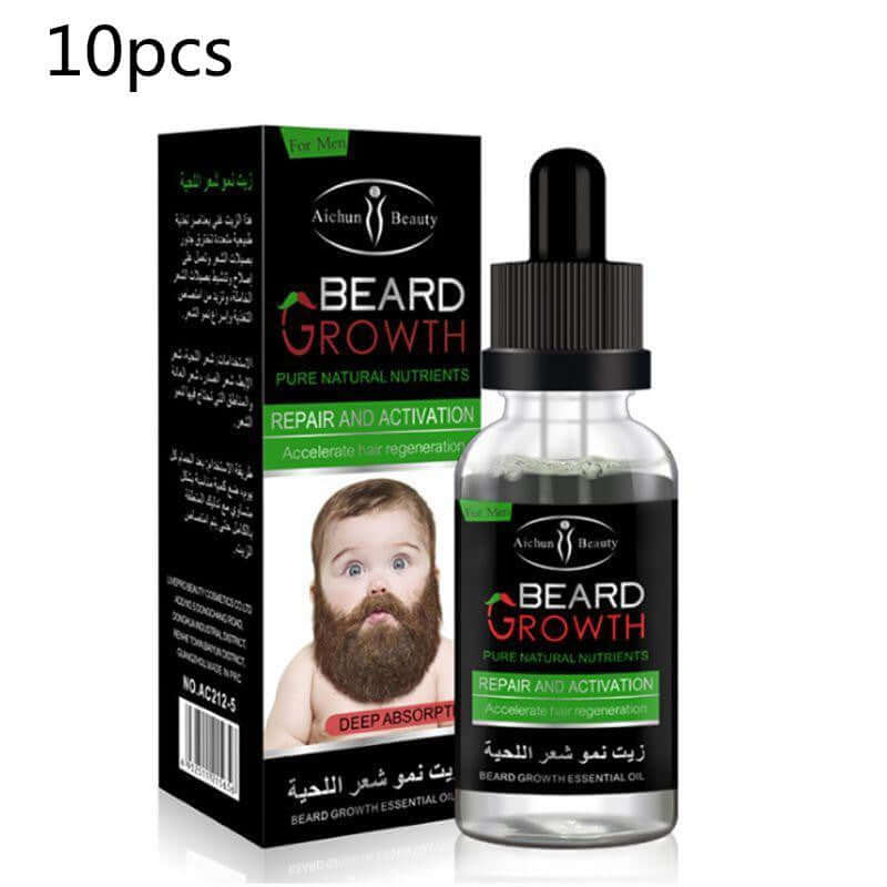 Aichun Beauty Beard Growth Oil in a bottle with a box, promoting beard repair and activation for thicker beards.