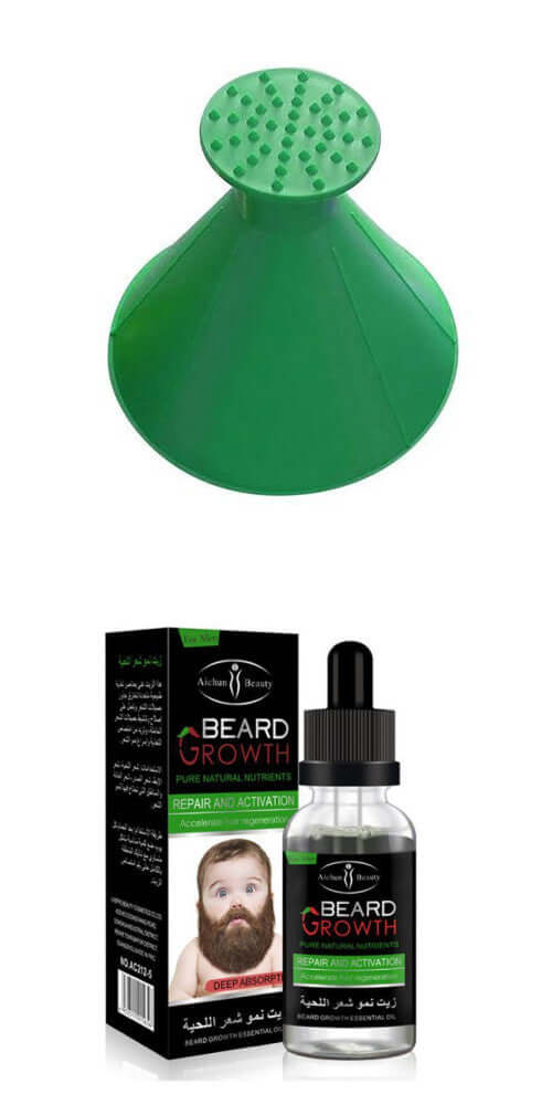 Beard growth essential oil bottle with dropper and green applicator for nourishing and repairing beards.