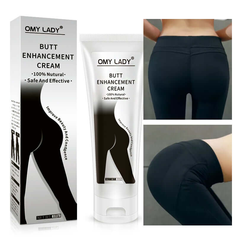 OMY LADY Butt Enhancement Cream packaging and application on buttocks for natural lifting and fullness.