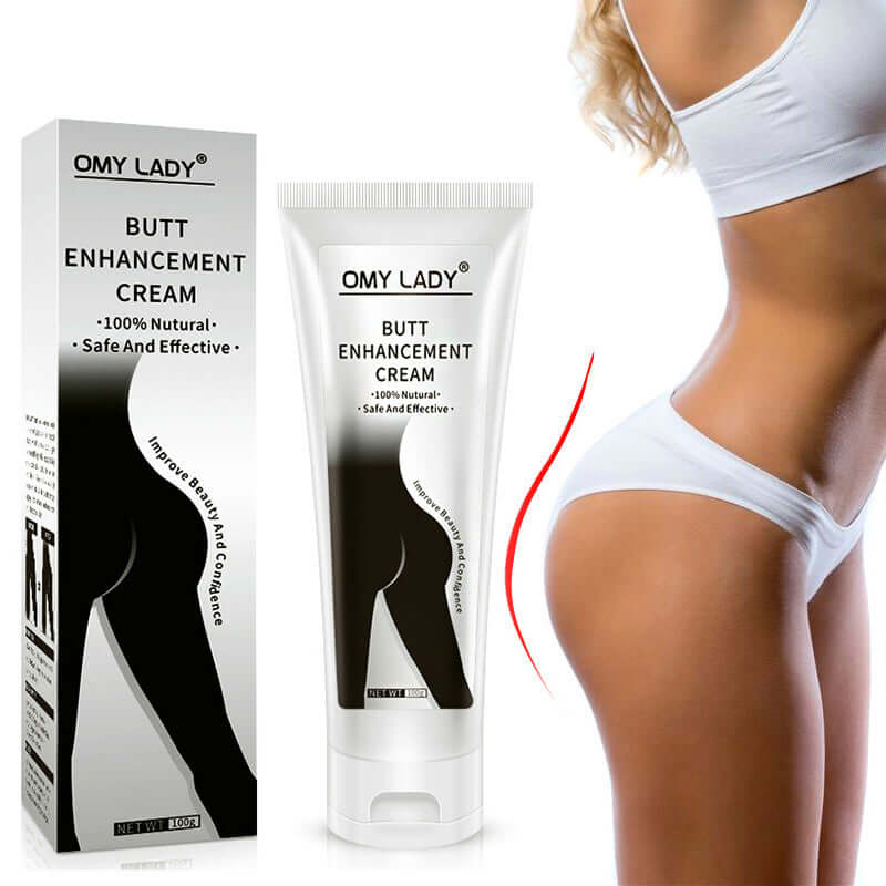OMY LADY Butt Enhancement Cream packaging next to model showing enhanced buttocks after use.