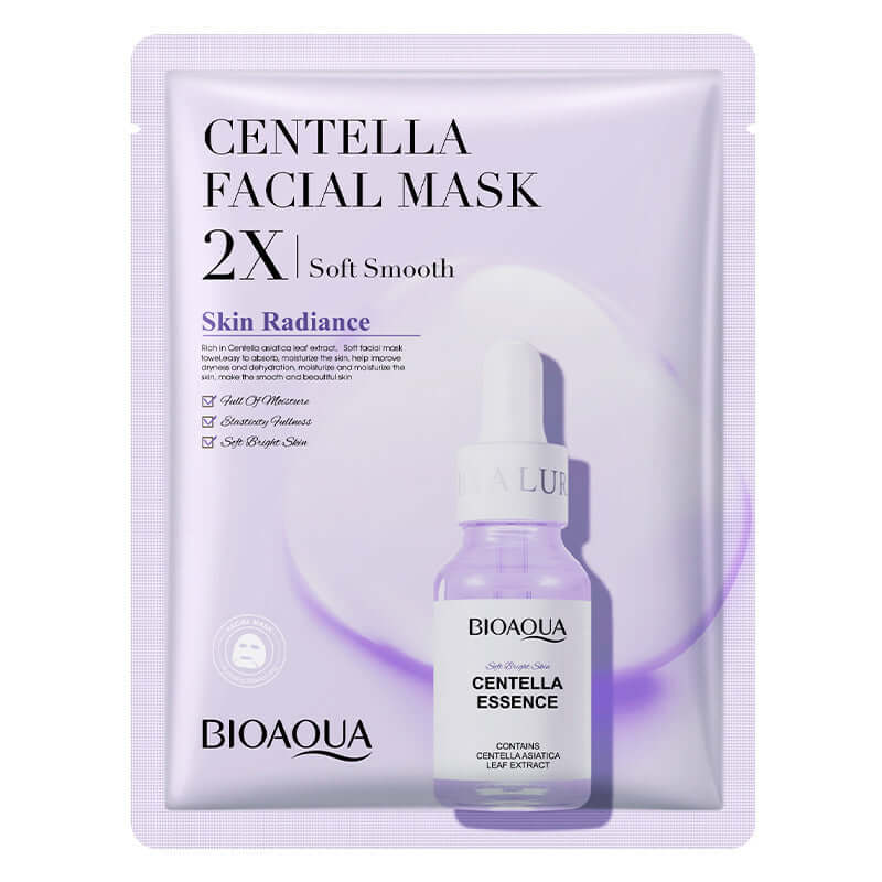 BioAqua Centella Facial Mask packaging featuring soft smooth skin radiance benefits and hydrating essence.