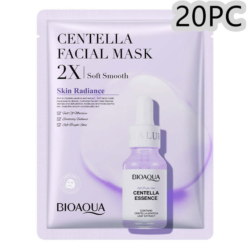BioAqua Centella Facial Mask 20PC pack for skin radiance and smoothness with Centella Asiatica extract.