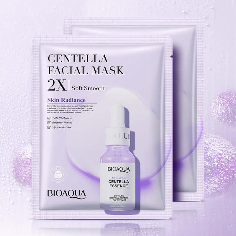 Centella facial mask pack by Bioaqua for skin radiance and softness, featuring two rejuvenating masks.