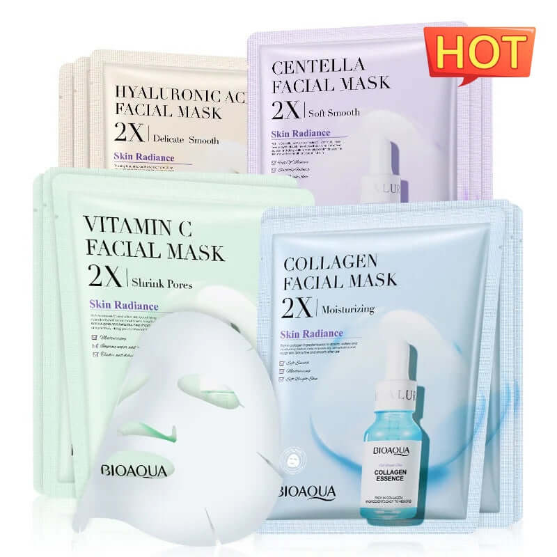 Collagen, vitamin C, and hyaluronic acid facial masks for moisturizing and skin radiance, 2 packs each, by BioAqua.