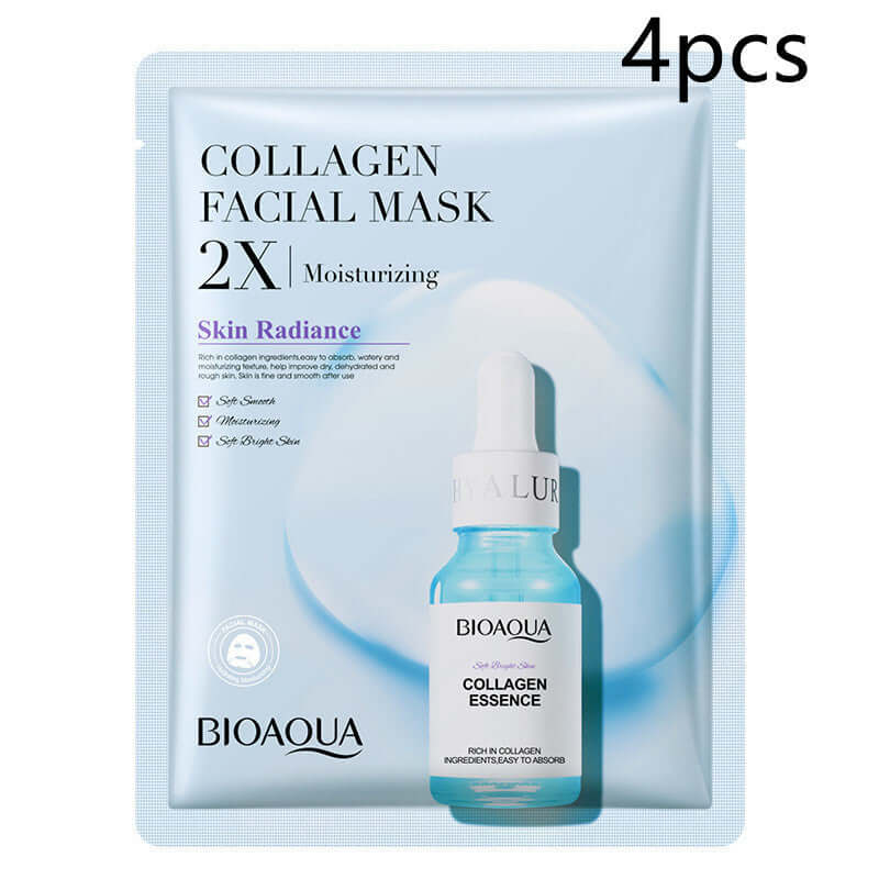 Collagen facial mask pack by BioAqua, 4pcs for moisturizing and skin radiance, enhances skin hydration and firmness.