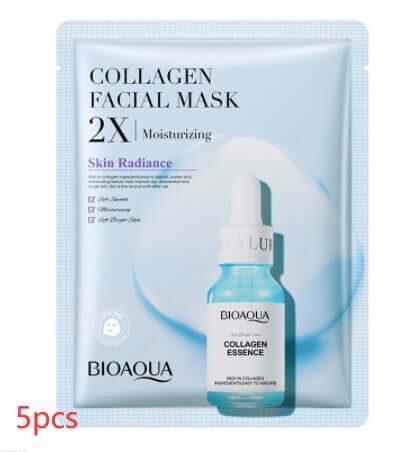 Collagen face mask pack by BIOAQUA, 2X moisturizing for skin radiance, includes 5 pieces and collagen essence.