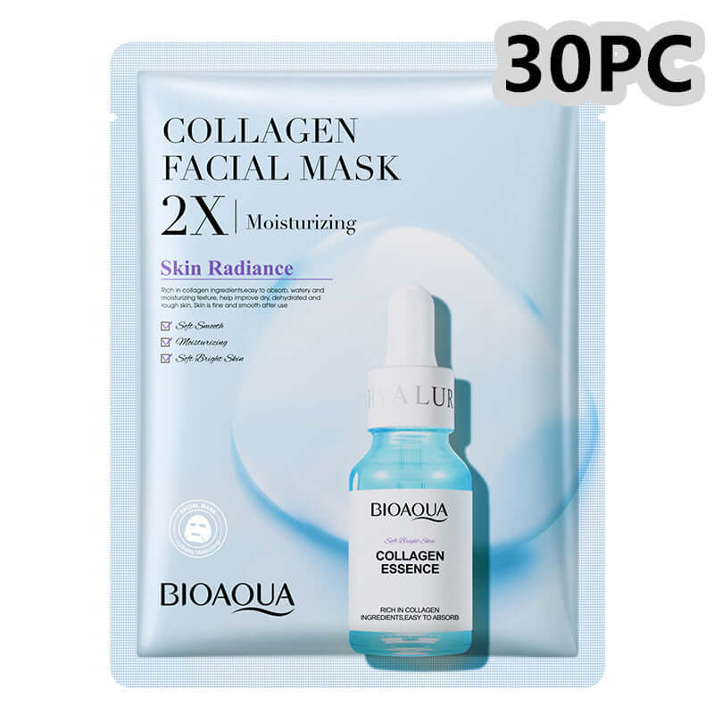 Collagen Face Mask Pack by Bioaqua, 30 pieces, moisturizing and firming for skin radiance and hydration.