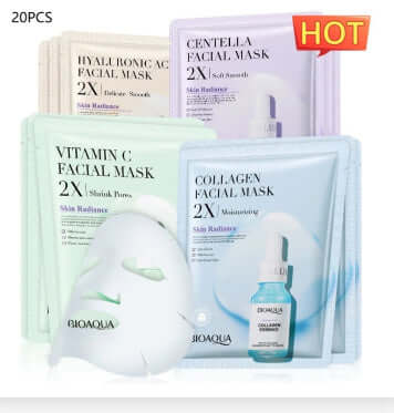 Assorted facial masks including collagen, vitamin C, and hyaluronic acid, promoting skin radiance and hydration.