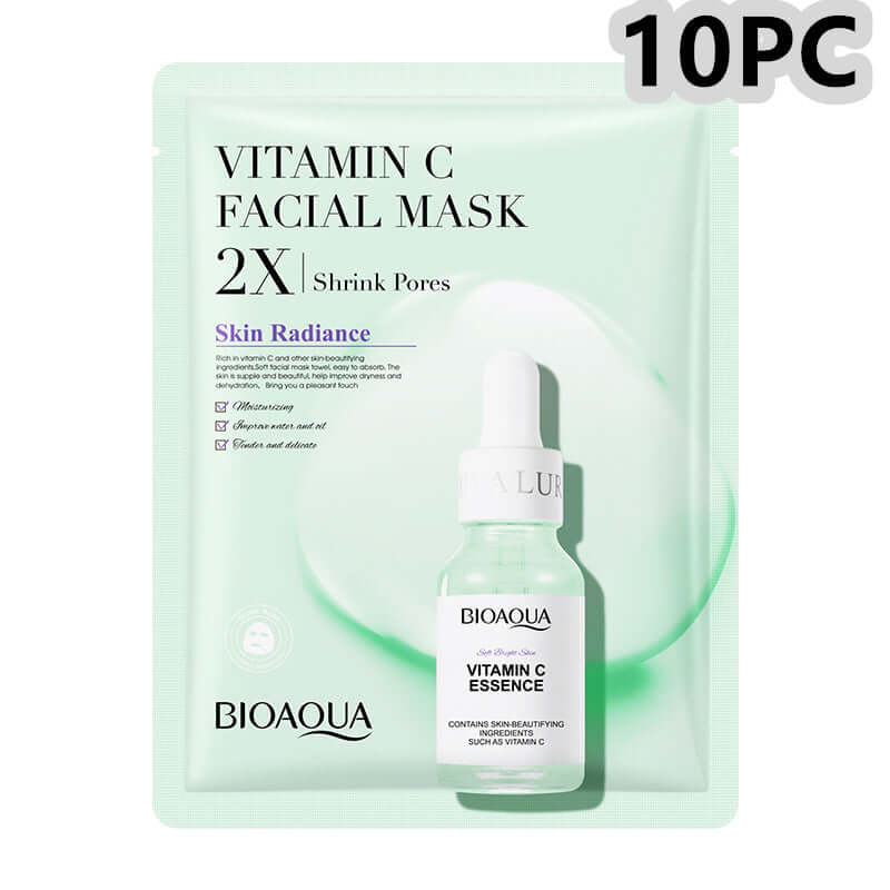 Vitamin C facial mask pack by BIOAQUA, 10 pieces for skin radiance, formulated to shrink pores and enhance skin glow.