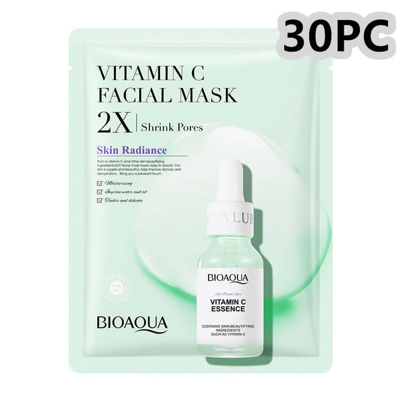 BioAqua Vitamin C Facial Mask pack, 30 pieces, designed to shrink pores and enhance skin radiance.