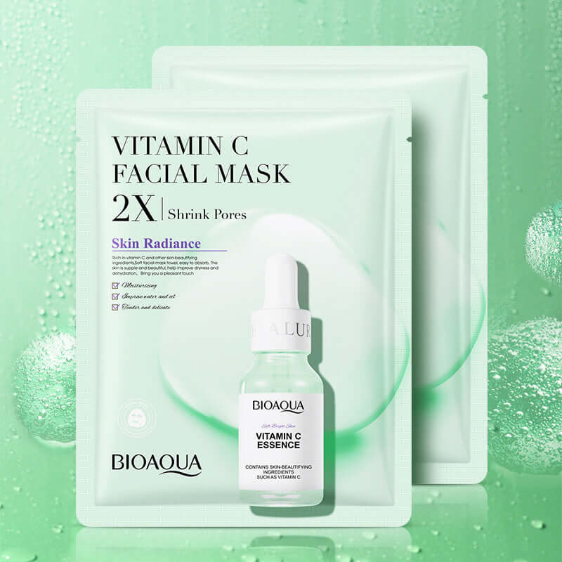 Vitamin C facial mask pack by BioAqua with essence for pore shrinking and skin radiance, displayed on a mint green background.