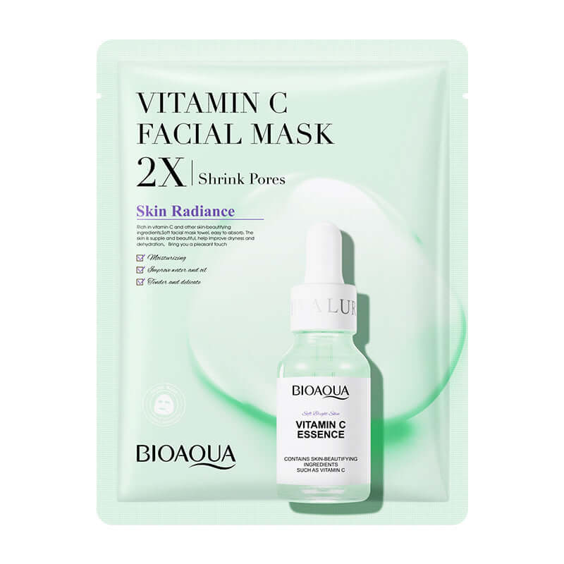 Vitamin C facial mask by BIOAQUA, designed to shrink pores and enhance skin radiance, featuring a serum bottle.