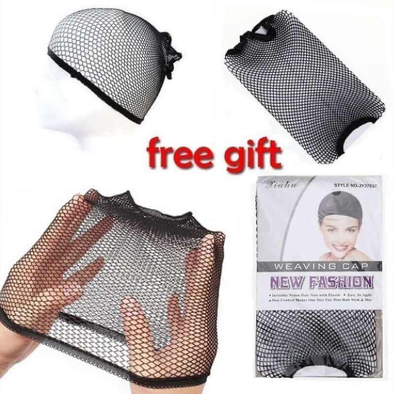 Black weaving cap for wigs, featuring a mesh design and adjustable fit, labeled as a free gift.