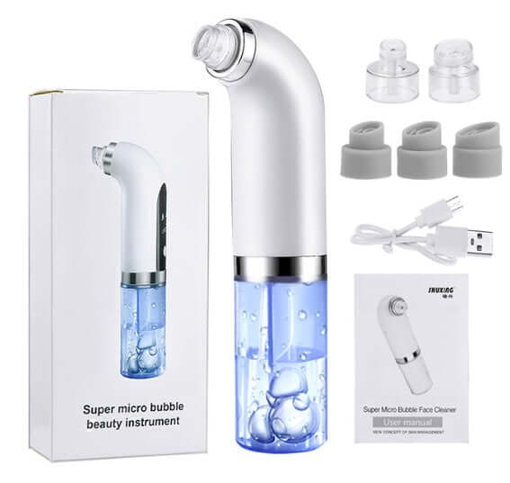 Rechargeable blackhead remover with replaceable probes and USB charger for facial cleansing.