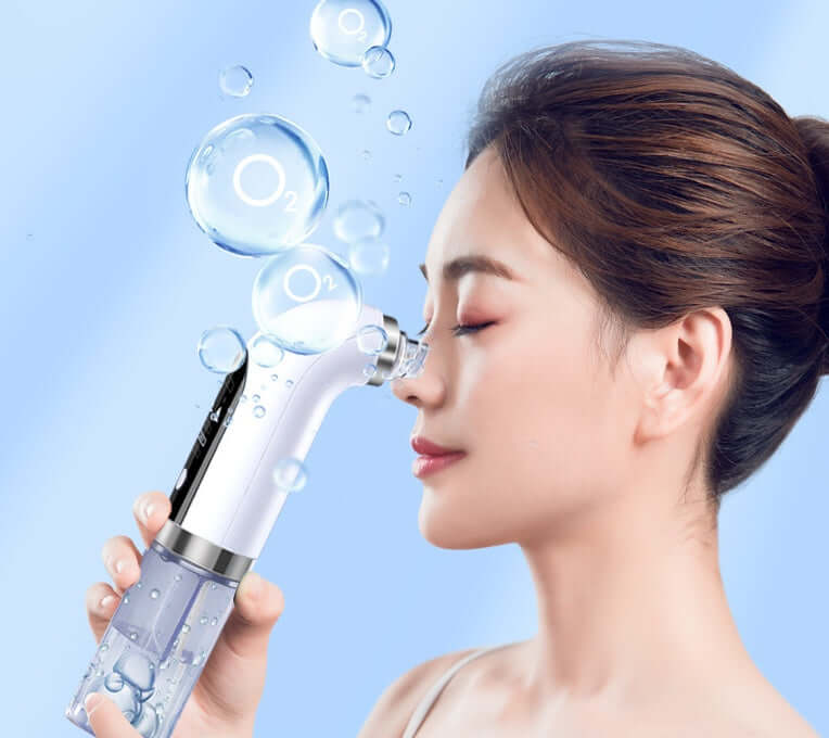Woman using a blackhead remover pore vacuum cleaner, highlighting its multi-functional features for clear skin.