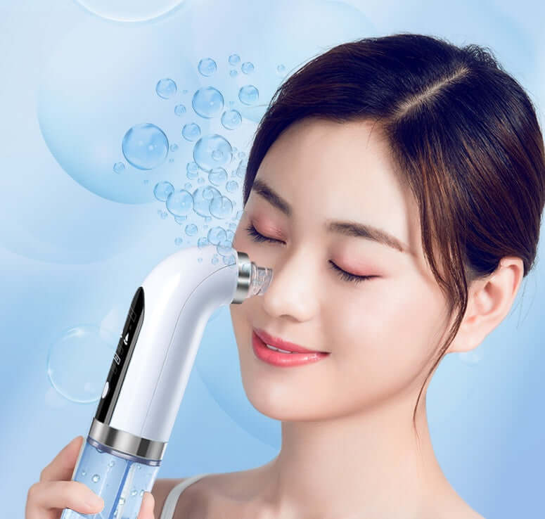 Woman using a rechargeable blackhead remover pore vacuum cleaner for smoother skin.