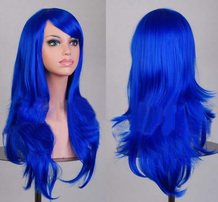 Vibrant blue cosplay wig featuring long, flowing hair, perfect for anime characters and themed events.