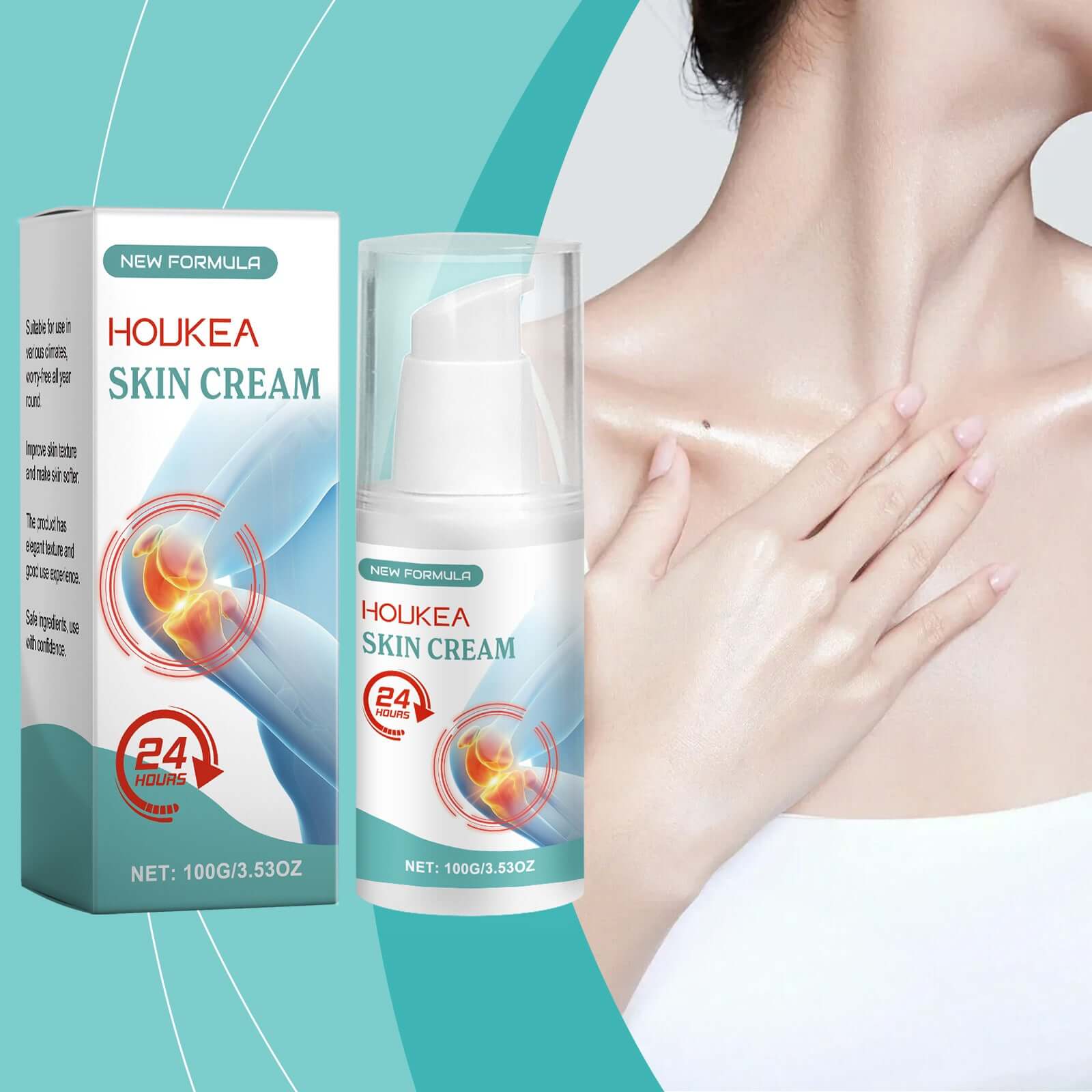 Body moisturizing neck cream in packaging, shown with application on skin for hydration and care.