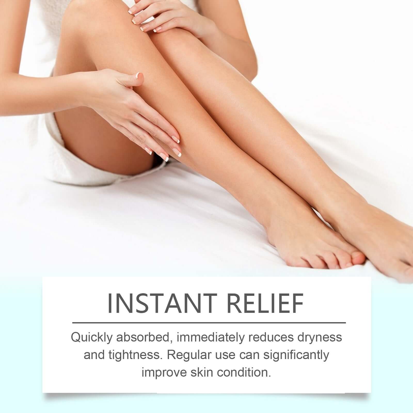 Woman applying moisturizing cream to legs for instant relief from dryness and tightness, promoting improved skin condition.