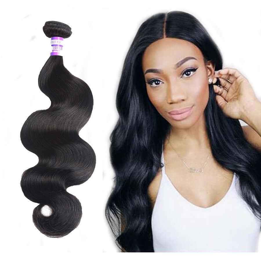 Body wave Brazilian hair curtain made from real human hair, featuring natural color 1B, 8-30 inch lengths, and 100g ± 5g weight.