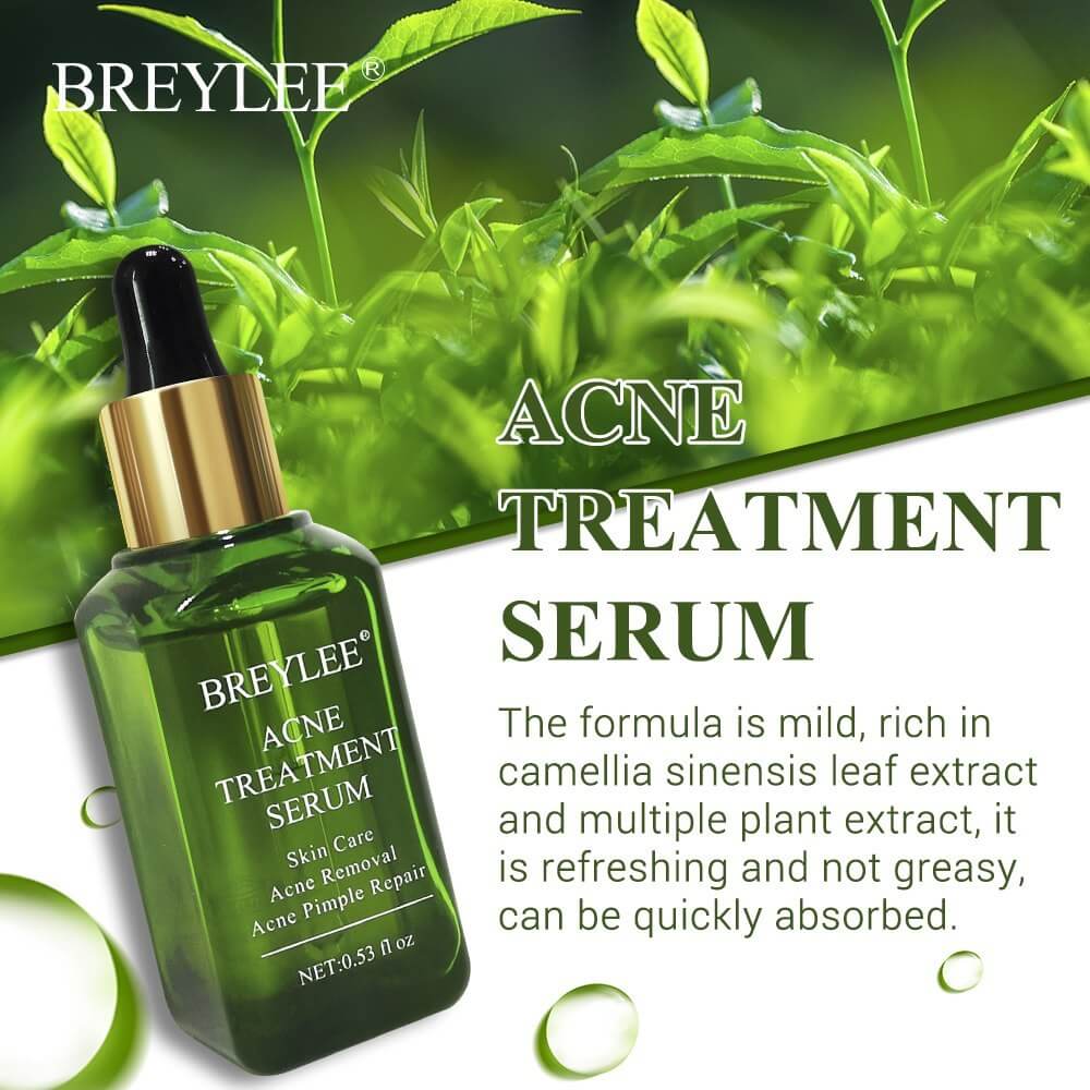 BREYLEE Acne Treatment Serum with plant extracts for acne scar removal and skin repair, suitable for acne-prone skin.