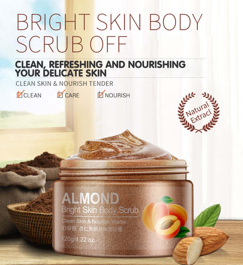 Almond Bright Skin Body Scrub with moisturizing benefits, ideal for cleansing and nourishing delicate skin.