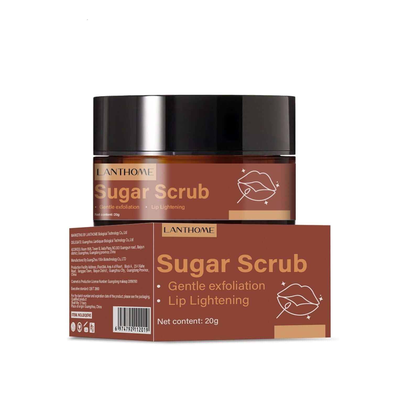 Lanthome Brown Sugar Lip Scrub Cream for gentle exfoliation and lip lightening, 20g packaging.