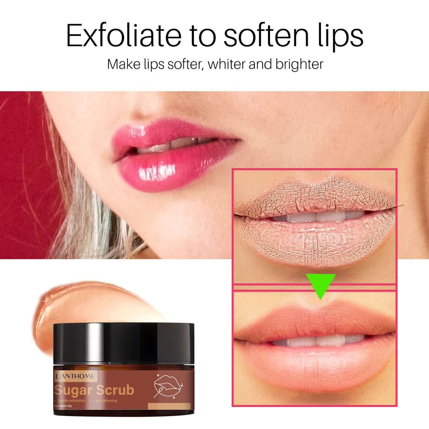 Brown Sugar Lip Scrub cream for exfoliating and moisturizing lips, showing before and after results of softer, brighter lips.