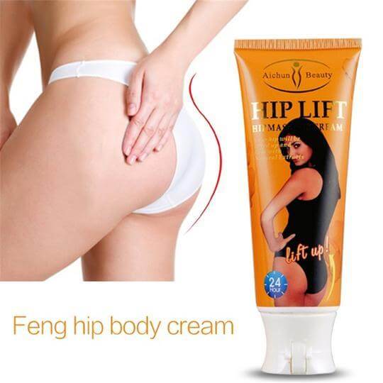 Feng hip body cream tube promoting hip lift with model showcasing enhanced buttocks.