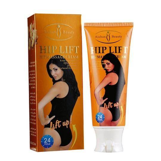 Butt enhancement cream tube and box featuring 'Hip Lift' message for natural lifting and tightening of buttocks.